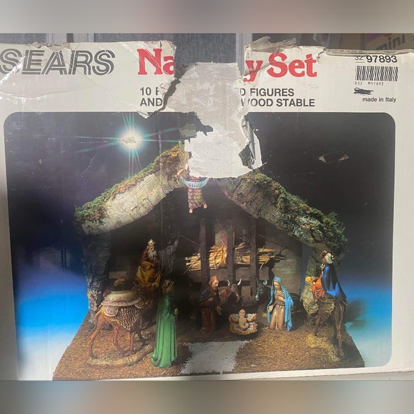 Sears Holiday Sears Nativity Set Figures Wood Stable Made In Italy